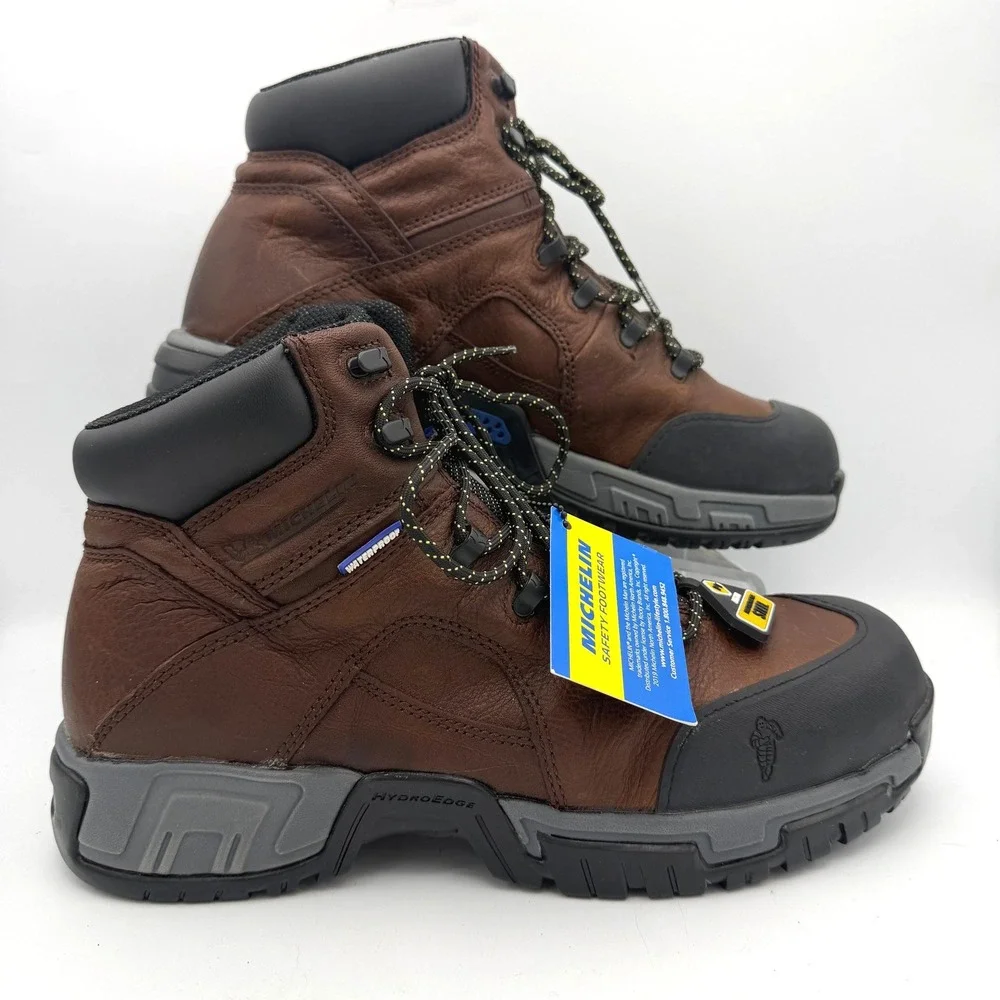 Michelin Mens‎ 12W HydroEdge Steel Toe Work Boots Brown Waterproof Oil Resistant